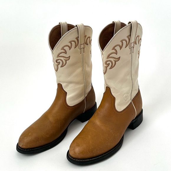 ARIAT WESTERN LEATHER COWBOY BOOTS IN CREAM/BROWN SIZE-6B~MSRP $190